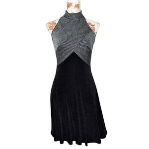 VTG Tadashi Shoji Sz M Y2K Halter Top Fit Flare Dress Black Silver Retro Sexy